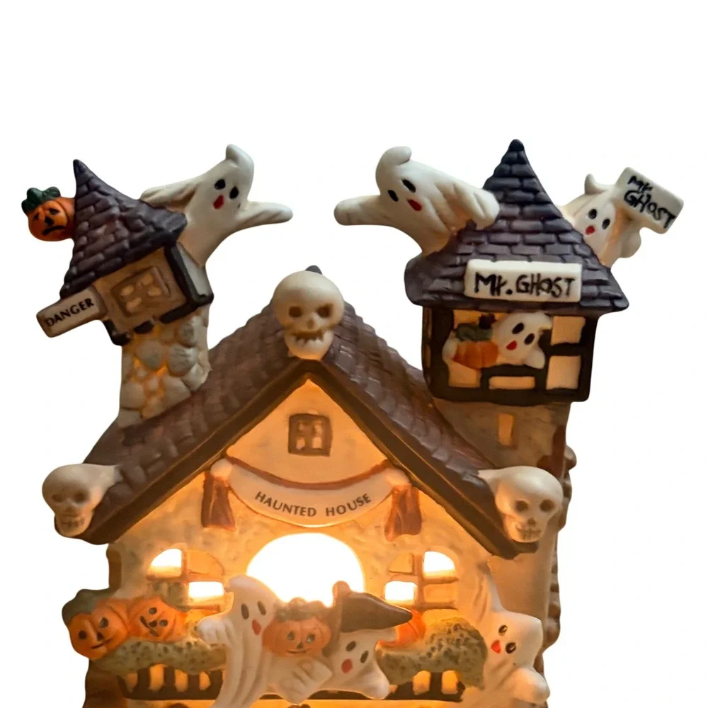 Vintage Haunted House 1990s Ceramic Ghost Pumpkin Halloween Light Up Village